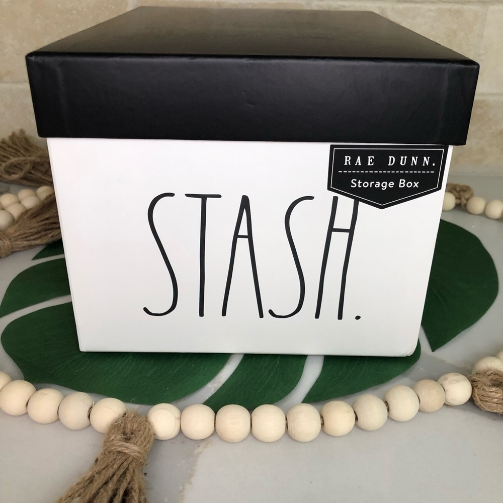 Rae Dunn Storage Box, “Stash”, approx sz 9 1/4” x 7” x 6”